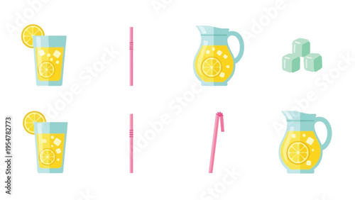 Fresh lemonade icons including glass with lemon slice pitchers ice cubes and colorful straws