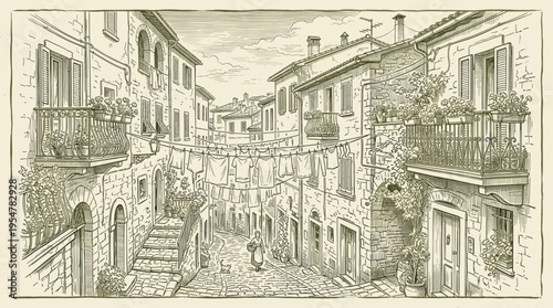 This charming vintage illustration depicts a European alleyway with laundry hanging between buildings and a woman walking with a basket, evoking a sense of nostalgia and daily life.