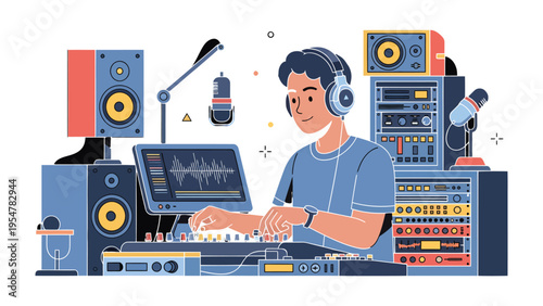 Sound Engineer's Studio: An illustration of a dedicated sound engineer in a state-of-the-art studio, meticulously crafting audio, surrounded by a complex array of professional equipment.