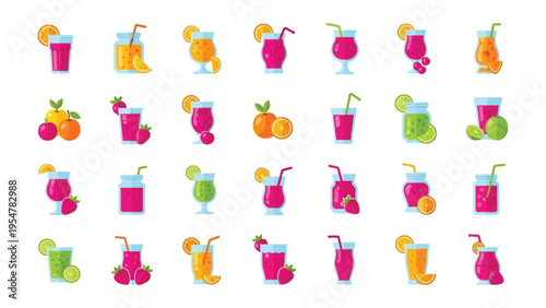 Large collection of fruit and berry juice cocktails with whole fruits on white