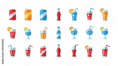Variety of soda cans, bottles, and glasses with fruit slices and straws