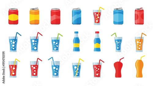 Assorted soda cans, bottles, and glasses with straws and ice illustrations