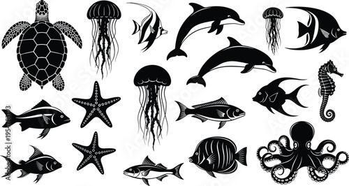 Collection of marine life silhouettes including dolphin, jellyfish, turtle, fish, octopus, starfish and seahorse isolated vector illustration set