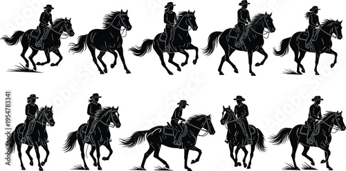 Cowboy riding horse silhouettes set with western rider poses isolated black vector illustration collection for ranch and rodeo themes