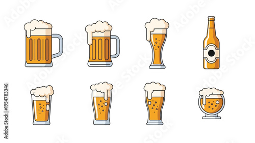 Set of beer mugs and bottle, glasses with foam, collection of beverages