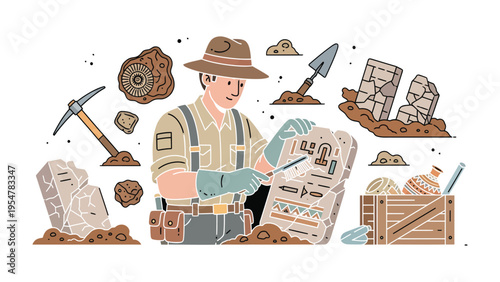 Unearthing the Past: An archeologist carefully examines a historical artifact at an excavation site, surrounded by tools and relics from a bygone era.