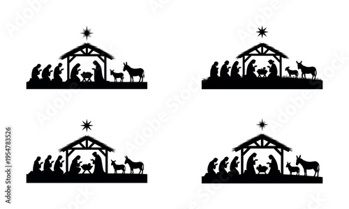 Nativity scene silhouette showing birth of jesus with animals and star 
