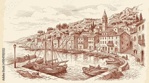 A charming hand-drawn sketch depicts a picturesque coastal village with sailboats and small boats in a serene harbor, nestled against a hilly landscape.