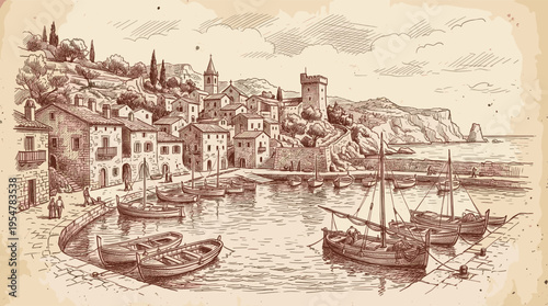 Hand-drawn sketch of a charming coastal village nestled on a hillside, with a bustling harbor filled with traditional boats and a medieval tower overlooking the scene.