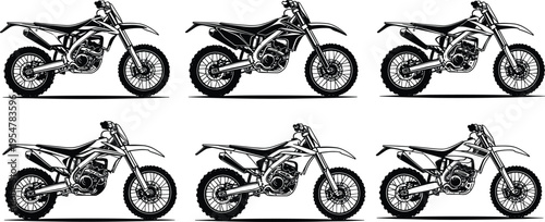 Dirt bike motocross illustration collection with detailed off road motorcycles in side view isolated vector set for extreme sport design