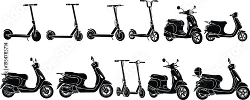 Electric scooter and motor scooter silhouettes set with modern urban mobility vehicles isolated vector illustration collection for transport design