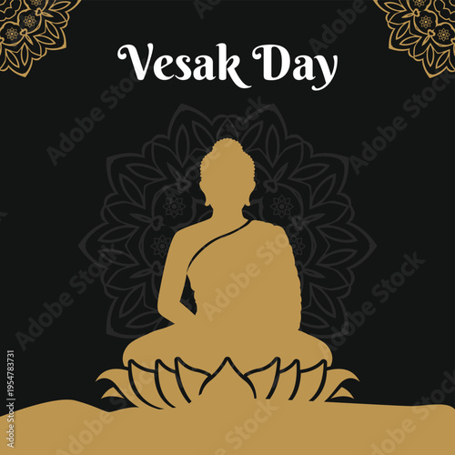 Vesak Day celebration vector illustration with golden Buddha silhouette meditating on lotus flower