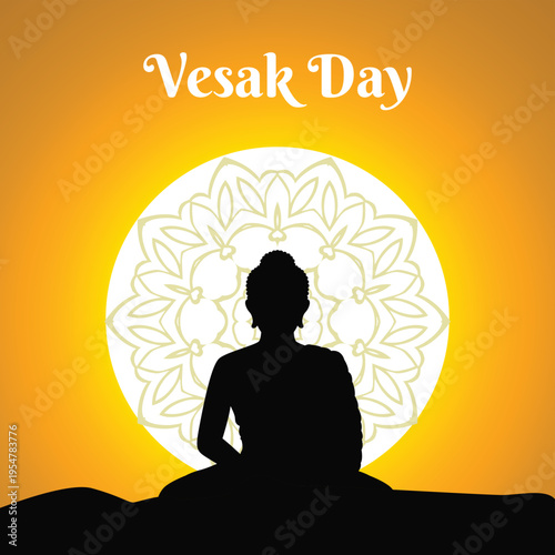 Vesak Day celebration vector illustration with Buddha silhouette and mandala on orange sunset background