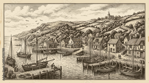 An old-fashioned woodcut illustration depicts a bustling harbor filled with sailboats and small boats, with a village nestled on rolling hills under a cloudy sky, featuring a prominent church steeple.