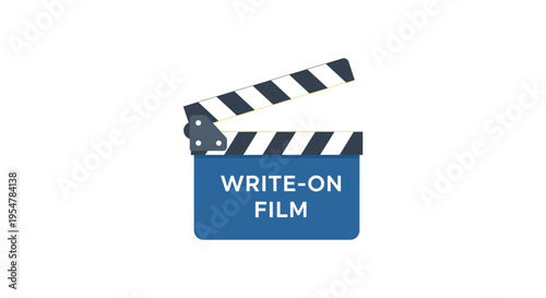 Film clapperboard with 'WRITE-ON FILM' text on blue background