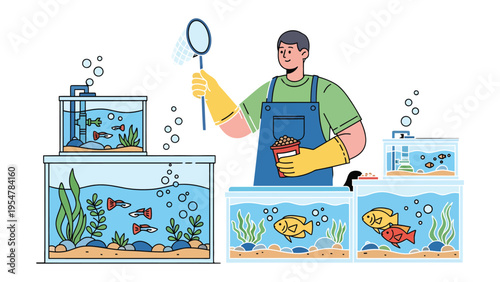 Aquarium Keeper: A dedicated aquarium keeper tends to a collection of vibrant fish tanks, ensuring the health and happiness of their aquatic inhabitants.