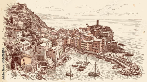 Hand-drawn sketch of a picturesque Italian coastal village with colorful houses on a hill overlooking the sea with sailboats.
