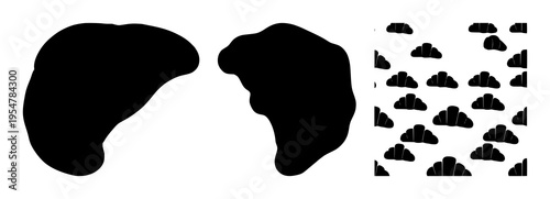 Croissant pastry silhouette set with stylized minimalist line art featuring French pastry, breakfast, laminated design with culinary and baked goods