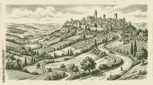 A vintage-style sketch depicts a sprawling Italian hilltop town surrounded by rolling hills, vineyards, and winding roads, evoking a sense of timeless charm and rural beauty.