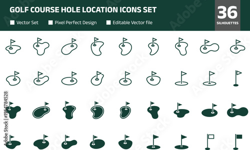 Golf course hole location icons set, putting green flags symbols collection, minimal vector outline and solid shapes isolated on white background