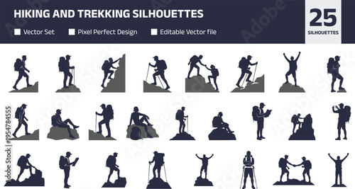 Set of hiking and trekking silhouettes with backpackers climbing mountains, exploring nature and outdoor adventure activities, minimalist vector illustration isolated on white background
