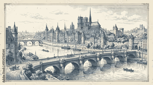An intricate historical engraving depicts a panoramic view of Paris, featuring the Seine River, bridges, and iconic Notre Dame Cathedral with a vintage aesthetic.
