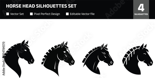 Set of black horse head silhouettes with different mane styles, minimalist vector illustration isolated on white background, equine logo design elements collection