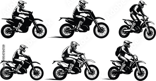 Motocross rider silhouettes set with dirt bike racing action poses isolated vector illustration collection for extreme sport and off road themes