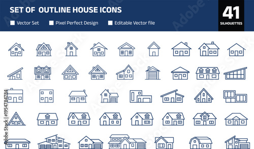 Large set of outline house icons featuring various architectural styles, suburban homes, modern villas, cottages, and garage buildings in flat vector style.