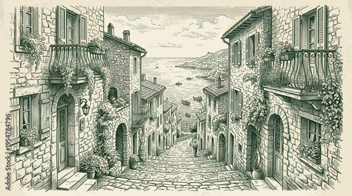 This charming vintage illustration depicts a narrow cobblestone street in a coastal Italian town, leading towards the serene sea with boats.