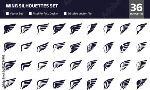 Collection of black wing silhouettes with various feather styles, minimalist vector illustration set isolated on white background, abstract flying design elements for logos