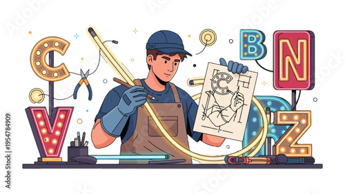 Crafting Neon: An artisan meticulously shapes and bends neon tubes to create illuminated signage, bringing artistic concepts to life with a vibrant glow. 