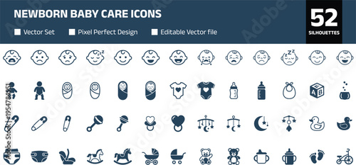 Set of baby icons and newborn care silhouettes including toys, clothes, feeding bottles, pacifiers and emotions, minimalist vector illustration collection isolated on white background