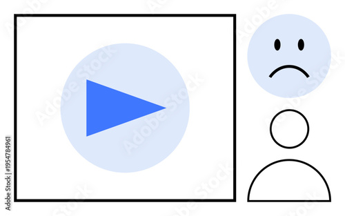 Video playback. Digital media playback with play button and unhappy user reaction. Highlighting video playback issues and customer dissatisfaction. Useful for tech, UI diagnostics, support visuals