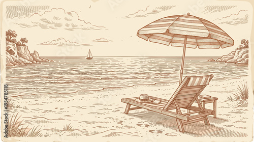 A vintage-style line drawing depicts a tranquil beach scene with a chaise lounge, umbrella, and a distant sailboat on the water.