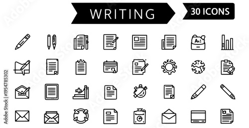 Collection of 30 writing icons featuring various stationery and digital writing tools