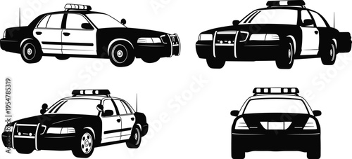 Police car silhouettes collection with patrol vehicles in different views isolated vector illustration set for law enforcement and security design