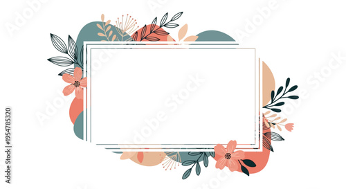 Elegant Floral Rectangular Frame with Modern Botanical Illustration and Abstract Organic Shapes for Wedding Invitations and Stationery Design