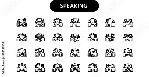 Collection of line icons depicting people speaking and interacting