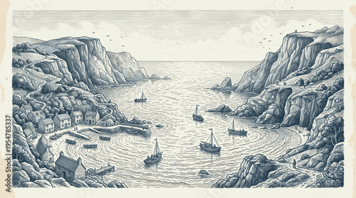 An old-fashioned pen and ink illustration depicts a picturesque coastal village nestled in a bay with sailboats dotting the serene water and rocky cliffs overlooking the scene.