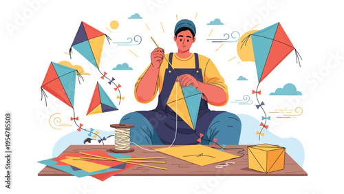Kite Maker's Craft: A skilled individual meticulously crafts a vibrant kite, surrounded by the tools and materials of his trade, and the kites that he made.