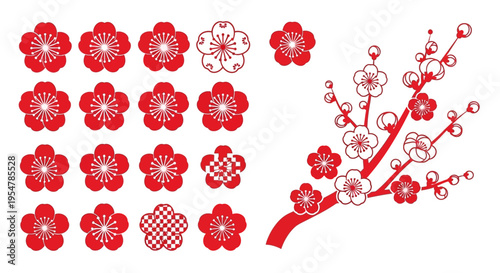 Red Japanese Plum Blossom Icon Set and Ume Tree Branch Illustration, Traditional Lunar New Year Vector Design Elements