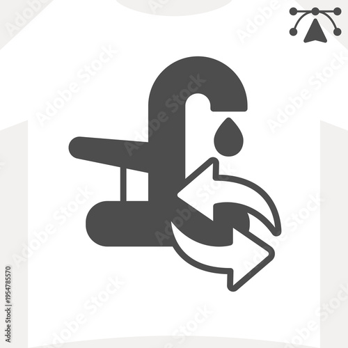 Water faucet leak solid icon, renovation concept. Vector graphics. Fauset tap with drop, arrows indicating water supply sign and editable stroke, glyph style icon for mobile or web design.