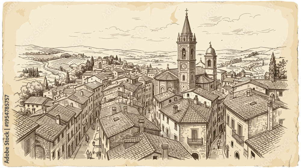 Obraz premium An elegant sepia-toned line drawing depicts a charming European village nestled among rolling hills with a prominent church and bell tower at its center.