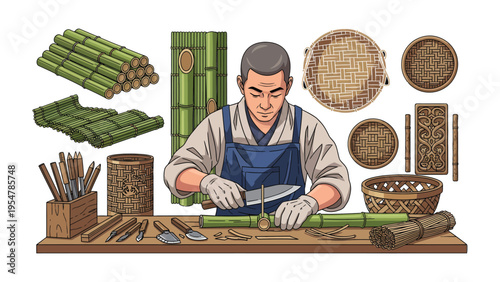 Bamboo Craftsmanship: A skilled artisan meticulously works with bamboo, demonstrating traditional craftsmanship, cutting and shaping the sustainable material with precision and care.