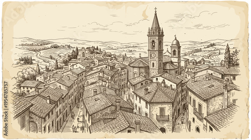An elegant sepia-toned line drawing depicts a charming European village nestled among rolling hills with a prominent church and bell tower at its center.
