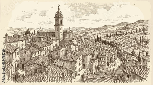 A sepia-toned sketch depicts a charming Italian town nestled in rolling hills with a prominent church bell tower.