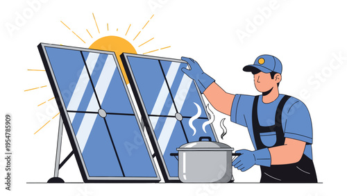 Solar Panel Technician: A skilled technician, equipped with protective gloves, conducts a crucial inspection on solar panels, harnessing the sun's radiant energy, alongside a pot over.