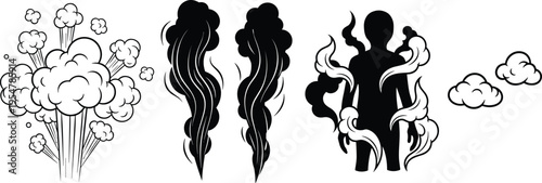 Smoke and steam cloud silhouettes set with vapor effects and human figure surrounded by fumes isolated vector illustration collection