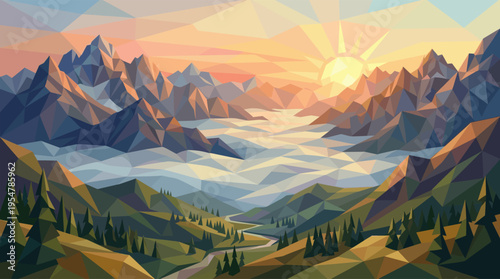 A low poly geometric landscape depicts a breathtaking sunrise over a foggy mountain valley with evergreen trees in the foreground.